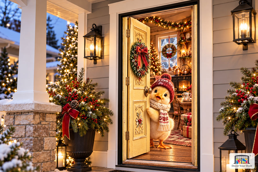 Christmas Duckling Cottage Welcome Front Door Cover on the approved Christmas porch, angled view with complete illustrated door.