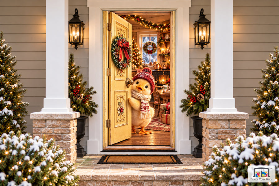 Christmas Duckling Cottage Welcome Front Door Cover printed 3D door illusion on a snowy Christmas porch, front view.