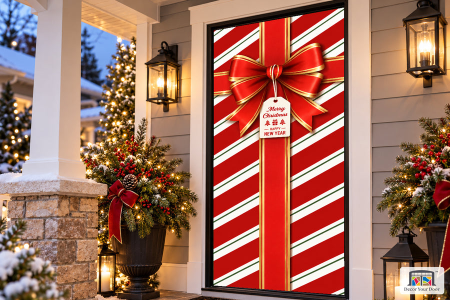 Christmas Present Design Front Door Wrap Cover Holiday Decoration on a Christmas porch, angled view.