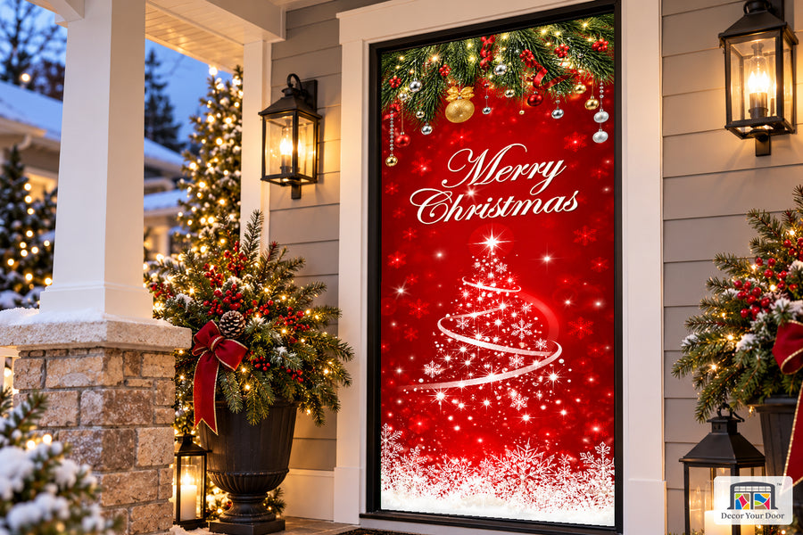 Merry Christmas Eve In Red Front Door Wrap Cover Xmas Decoration on a Christmas porch, angled view.