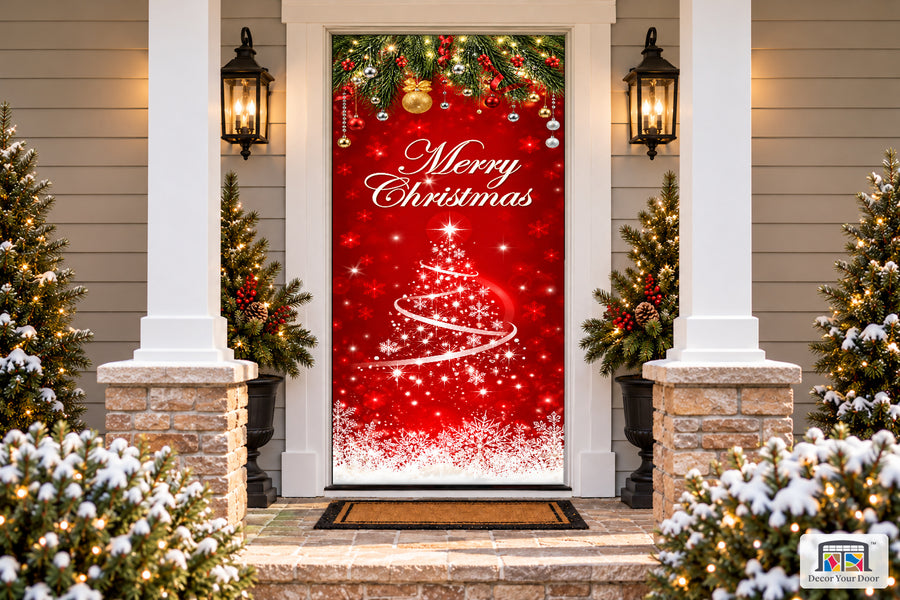 Merry Christmas Eve In Red Front Door Wrap Cover Xmas Decoration on a snowy Christmas porch, front view.