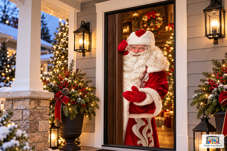 Santa Claus Standing Behind The Door Front Door Cover on a Christmas porch, angled view.