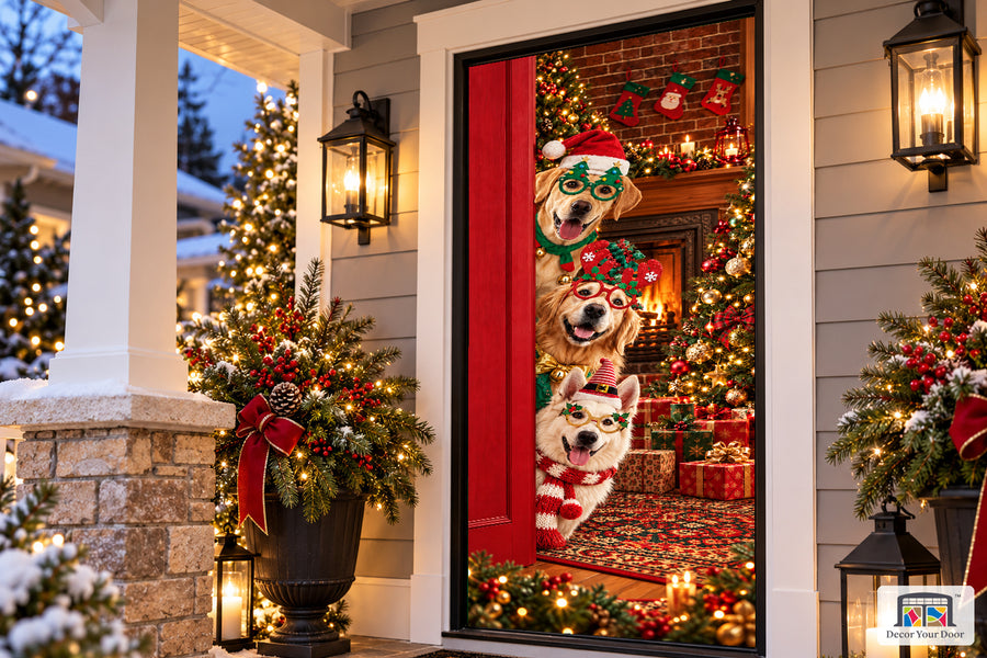 Funny Merry Christmas Cute Santa Dog Front Door Wrap Cover Holiday Decor on a Christmas porch, angled view.