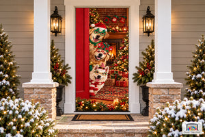 Funny Merry Christmas Cute Santa Dog Front Door Wrap Cover Holiday Decor