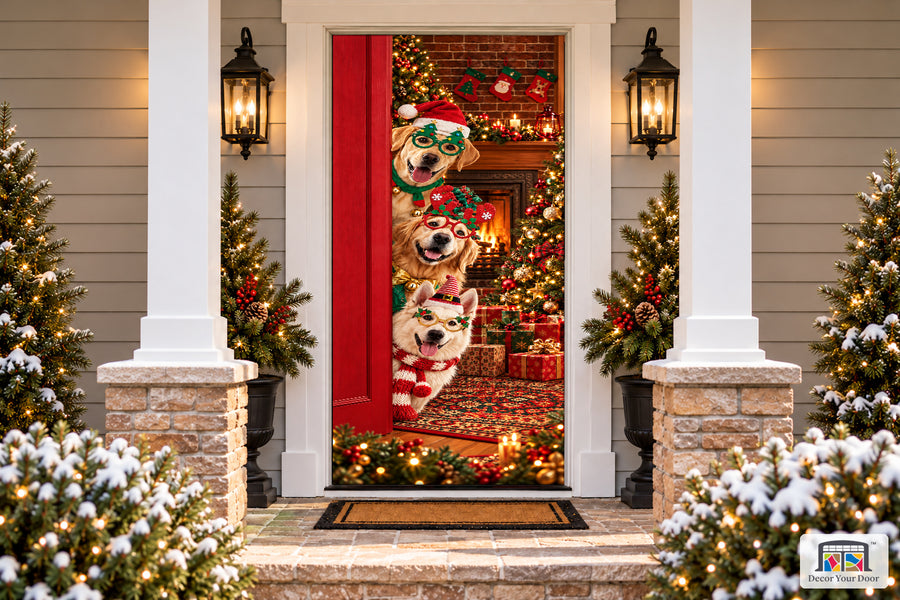 Funny Merry Christmas Cute Santa Dog Front Door Wrap Cover Holiday Decor on a snowy Christmas porch, front view.