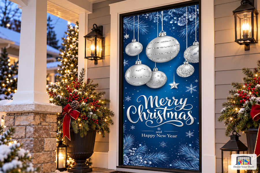Merry Christmas And Happy New Year With Realistic Silver Balls Front Door Cover on a Christmas porch, angled view.