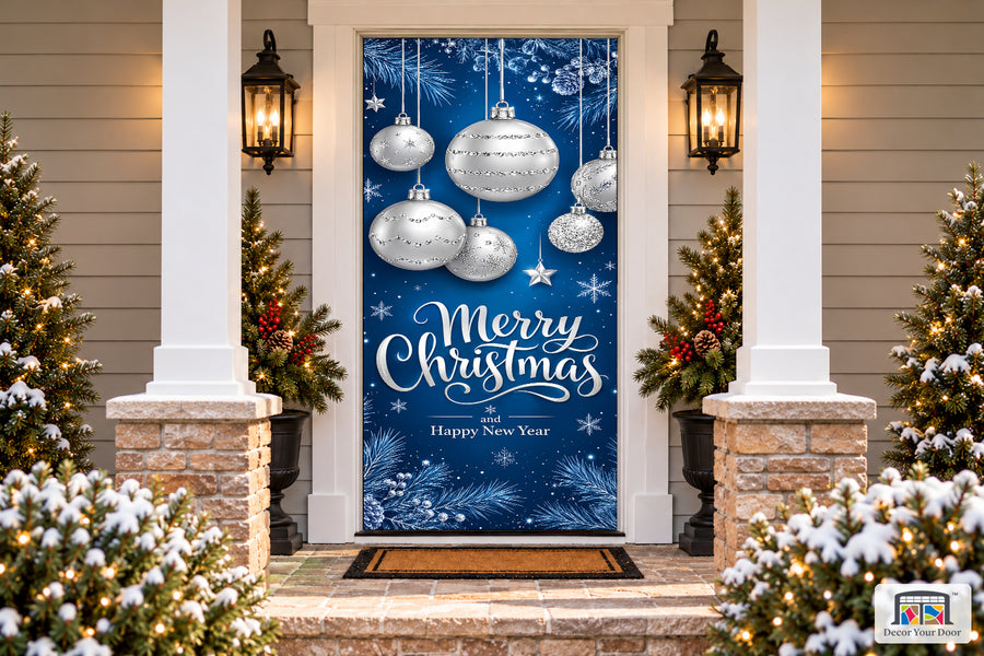 Merry Christmas And Happy New Year With Realistic Silver Balls Front Door Cover on a snowy Christmas porch, front view.