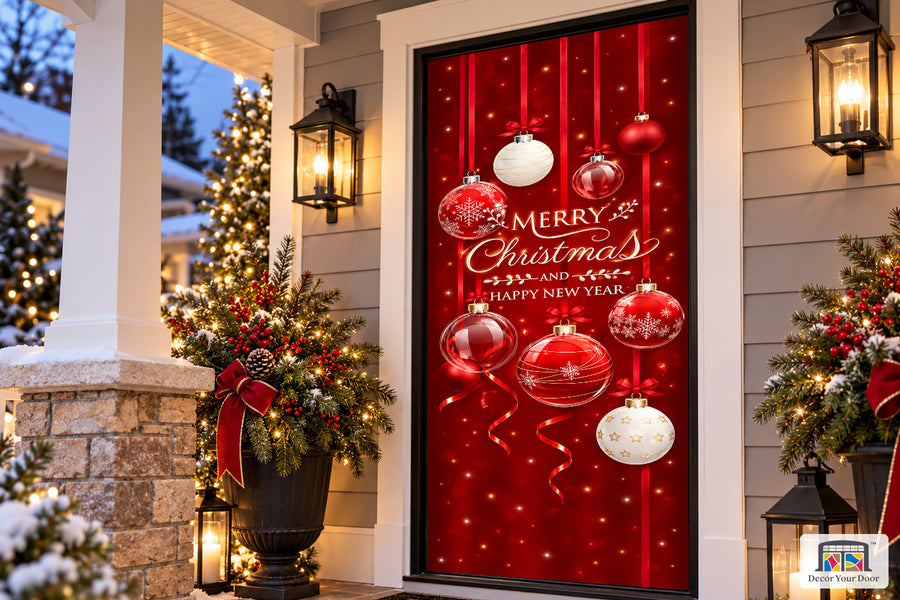 Merry Christmas Red Ornament Balls Front Door Wrap Cover Holiday Decoration on a Christmas porch, angled view.