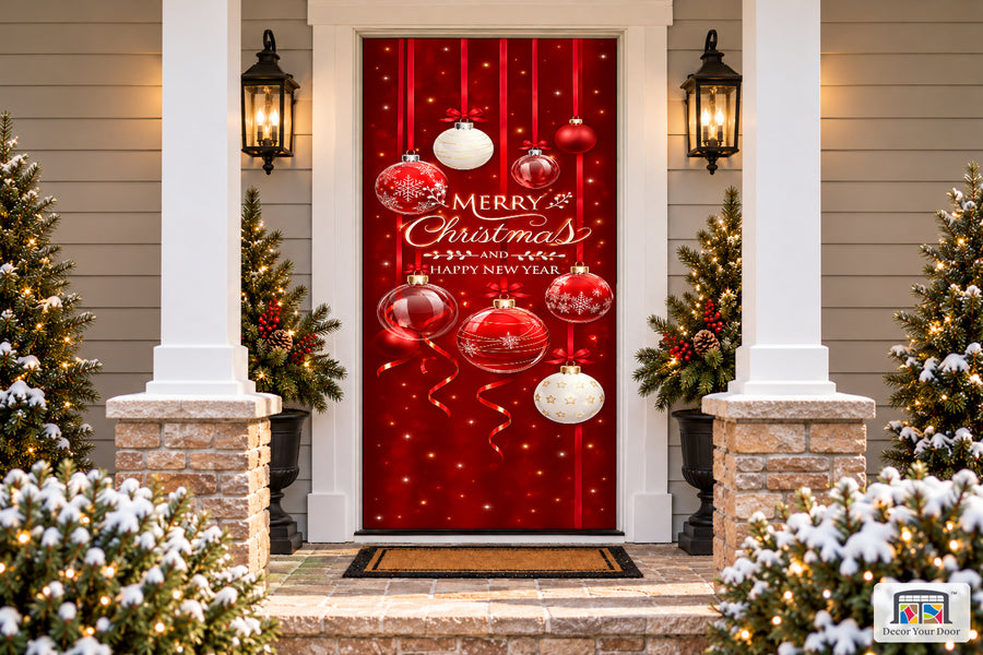Merry Christmas Red Ornament Balls Front Door Wrap Cover Holiday Decoration on a snowy Christmas porch, front view.