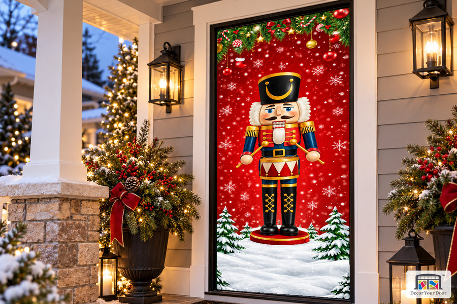 Nutcracker Merry Christmas And New Year Front Door Wrap Cover Holiday Decoration on a Christmas porch, angled view.