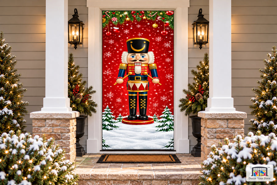 Nutcracker Merry Christmas And New Year Front Door Wrap Cover Holiday Decoration on a snowy Christmas porch, front view.