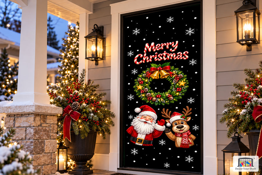 Merry Christmas Santa Reindeer Snowflake Front Door Wrap Cover Decoration on a Christmas porch, angled view.
