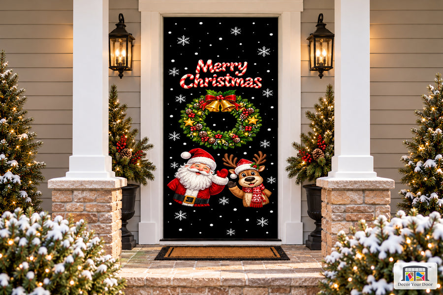 Merry Christmas Santa Reindeer Snowflake Front Door Wrap Cover Decoration on a snowy Christmas porch, front view.