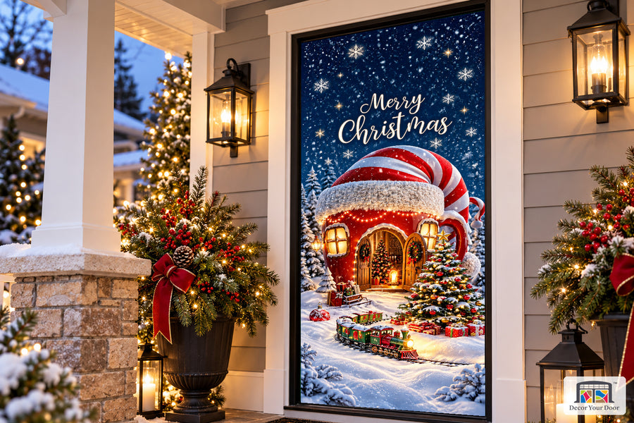 Merry Christmas Snowflake And Christmas Tree Front Door Wrap Cover Decoration on a Christmas porch, angled view.