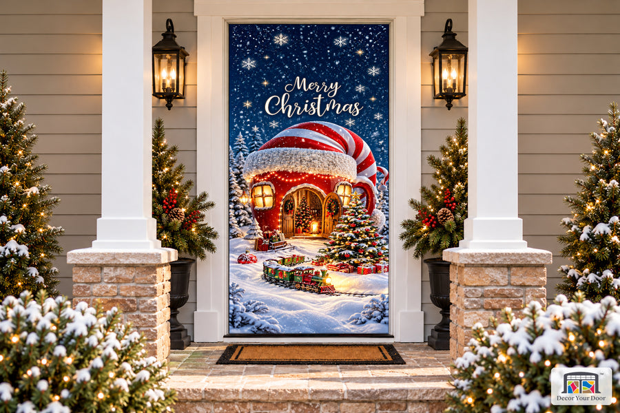 Merry Christmas Snowflake And Christmas Tree Front Door Wrap Cover Decoration on a snowy Christmas porch, front view.