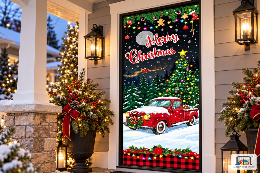 Merry Christmas Red Truck Front Door Wrap Cover Holiday Decor on a Christmas porch, angled view.