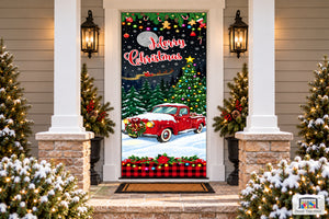 Merry Christmas Red Truck Front Door Wrap Cover Holiday Decor