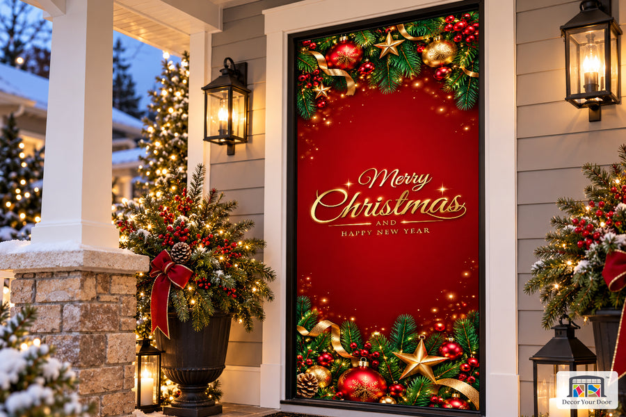 Christmas Greeting Front Door Cover Mural on a Christmas porch, angled view.