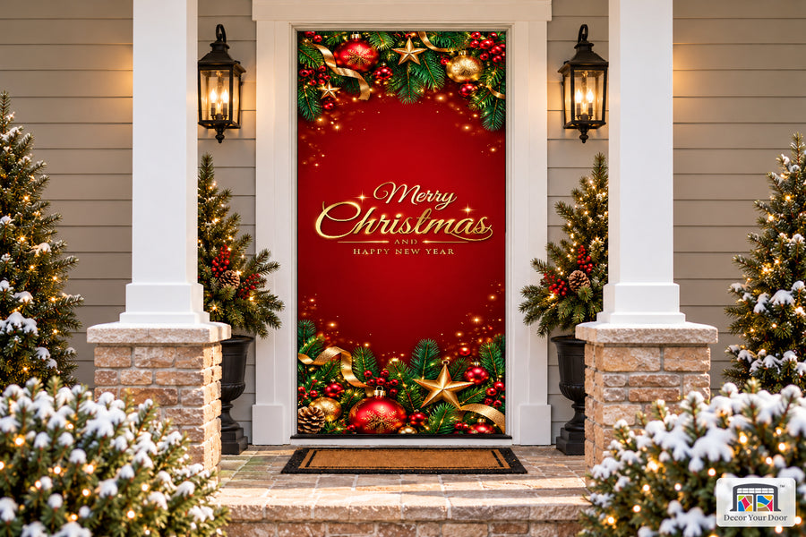 Christmas Greeting Front Door Cover Mural on a snowy Christmas porch, front view.