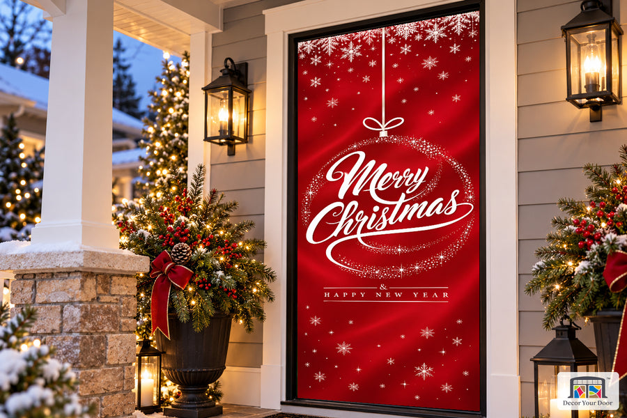 Merry Christmas Happy New Year Front Door Cover on a Christmas porch, angled view.