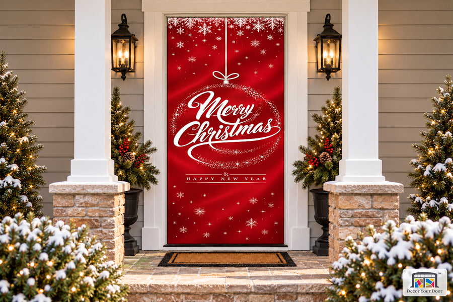 Merry Christmas Happy New Year Front Door Cover on a snowy Christmas porch, front view.
