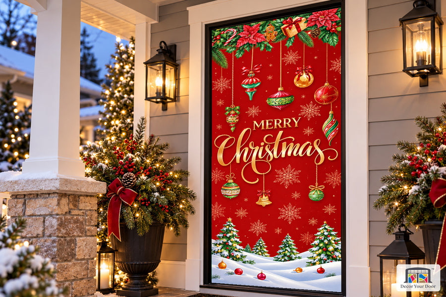 Merry Christmas Ornament Red Front Door Wrap Cover Holiday Decoration on a Christmas porch, angled view.
