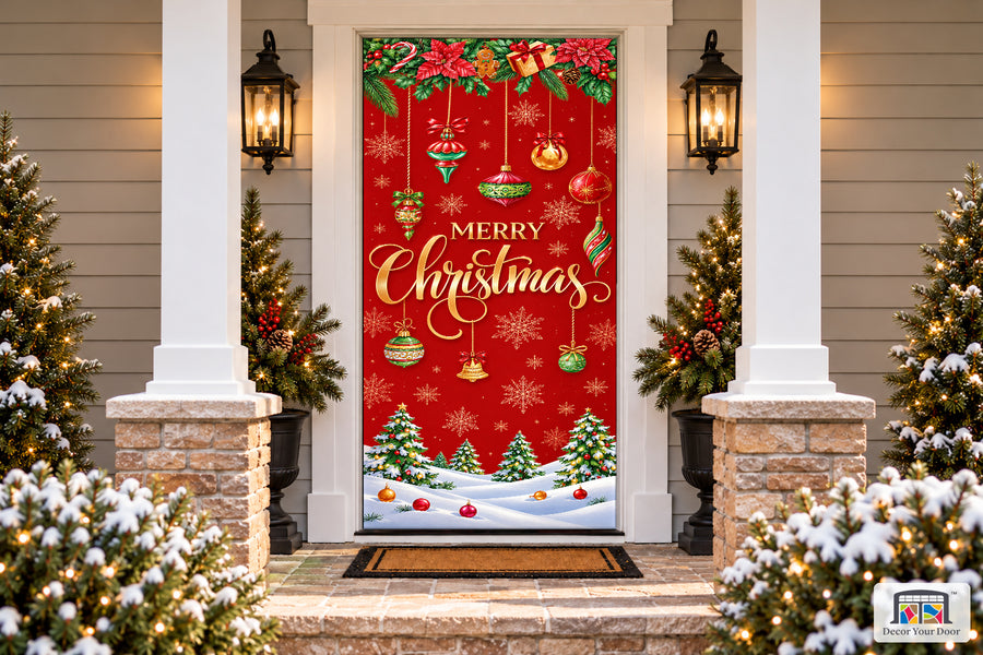 Merry Christmas Ornament Red Front Door Wrap Cover Holiday Decoration on a snowy Christmas porch, front view.