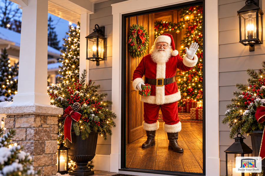 Santa’s Holiday Welcome – Front Door Cover on a Christmas porch, angled view.