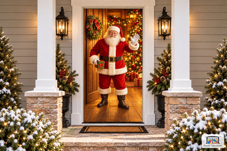 Santa’s Holiday Welcome – Front Door Cover on a snowy Christmas porch, front view.
