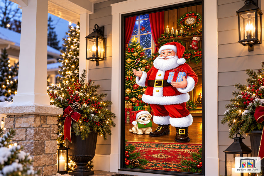 Santa Claus In The Front Door Front Door Wrap Cover Home Decoration on a Christmas porch, angled view.
