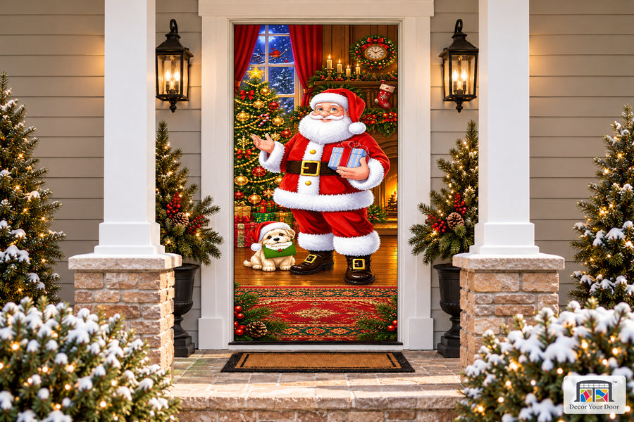 Santa Claus In The Front Door Front Door Wrap Cover Home Decoration on a snowy Christmas porch, front view.