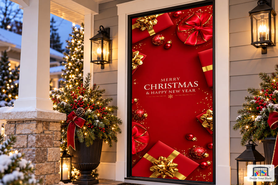 Merry Christmas And Happy New Year Front Door Cover on a Christmas porch, angled view.