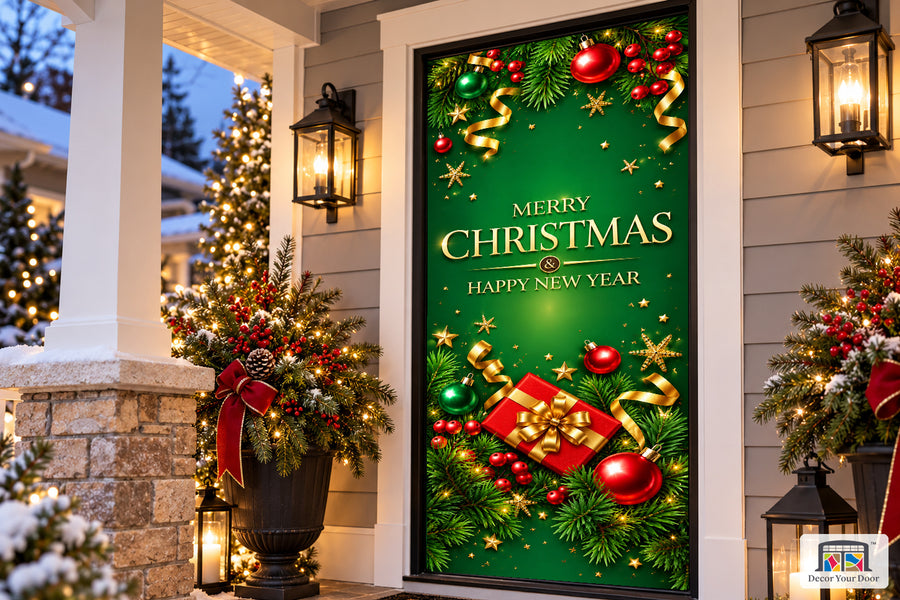 Gold And Red Gift Merry Christmas Front Door Cover on a Christmas porch, angled view.