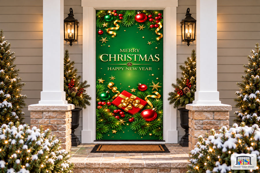 Gold And Red Gift Merry Christmas Front Door Cover on a snowy Christmas porch, front view.