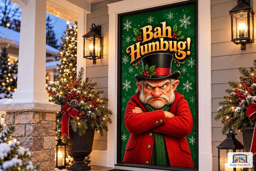 Bah Humbug Grumpy Christmas Front Door Cover on a Christmas porch, angled view.