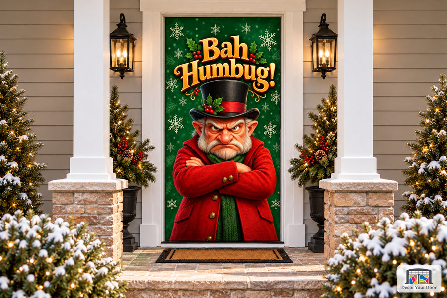 Bah Humbug Grumpy Christmas Front Door Cover on a snowy Christmas porch, front view.