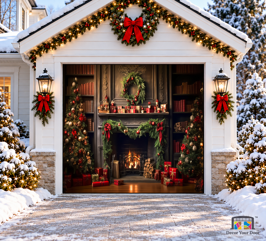 Christmas Fireplace & Tree Garage Door Cover — one-car garage front view