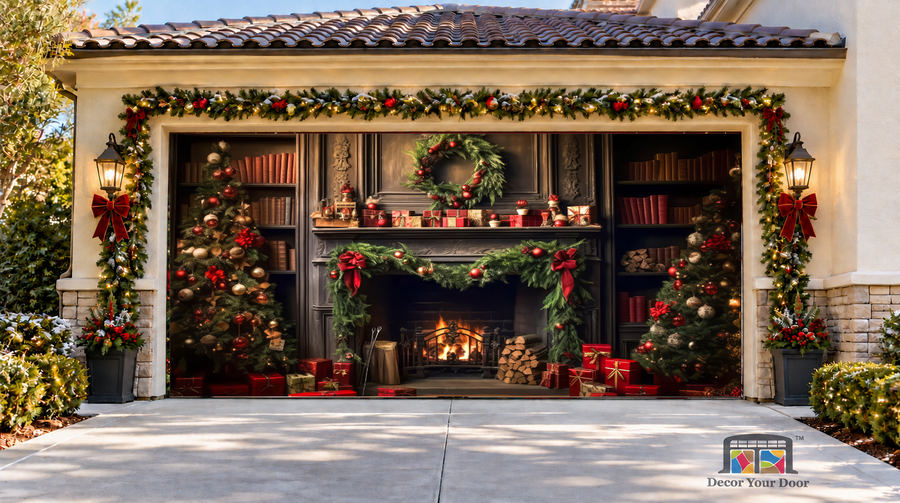 Christmas Fireplace & Tree Garage Door Cover — two-car garage front view