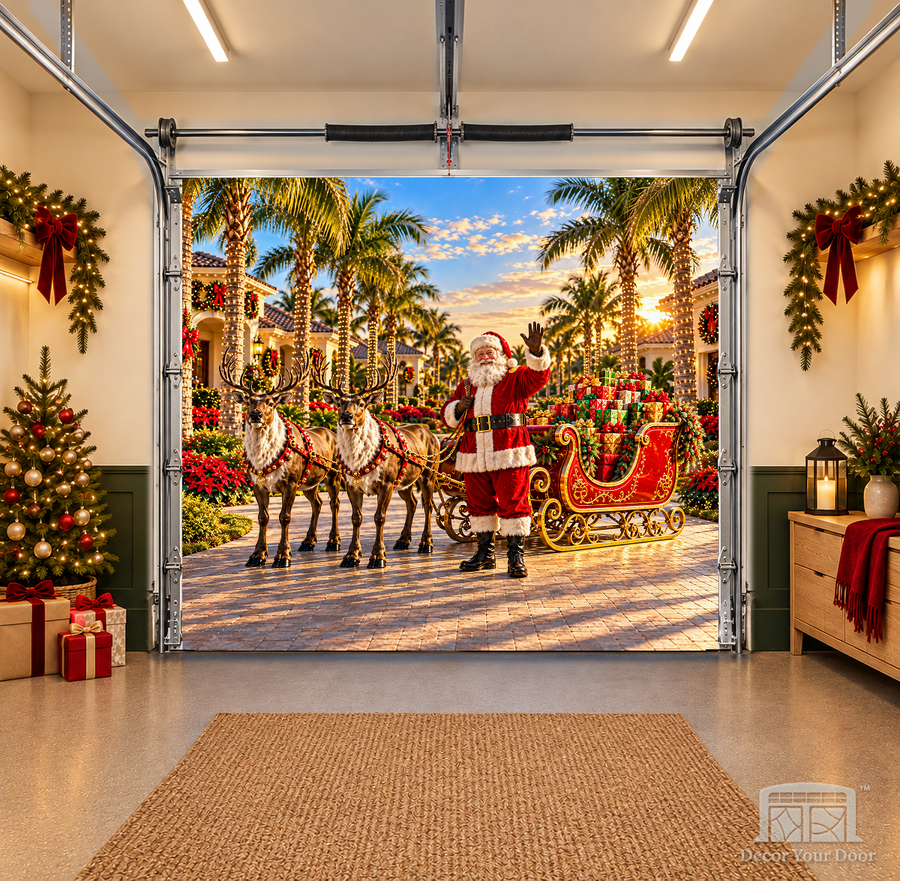 Santa’s Warm Welcome interior garage door cover — OneCar front, Decor Your Door