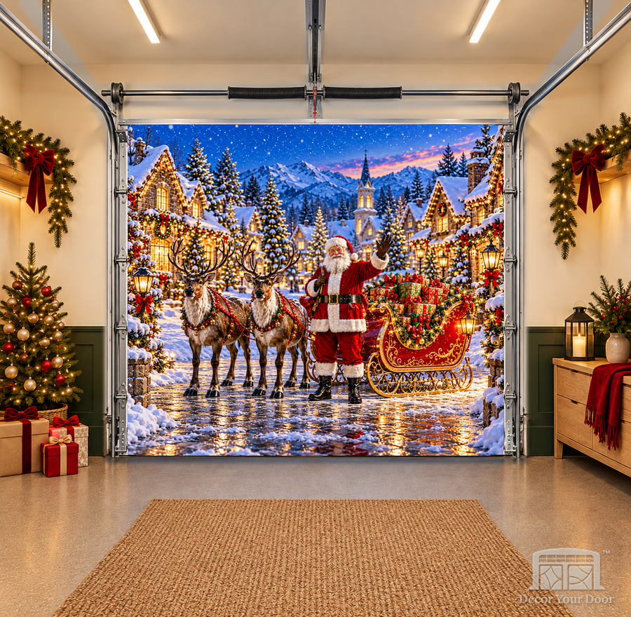 Santa’s Grand Arrival interior garage door cover — OneCar front, Decor Your Door