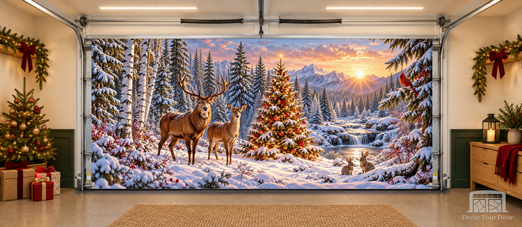 Enchanted Woodland Christmas interior garage door cover — TwoCar front, Decor Your Door