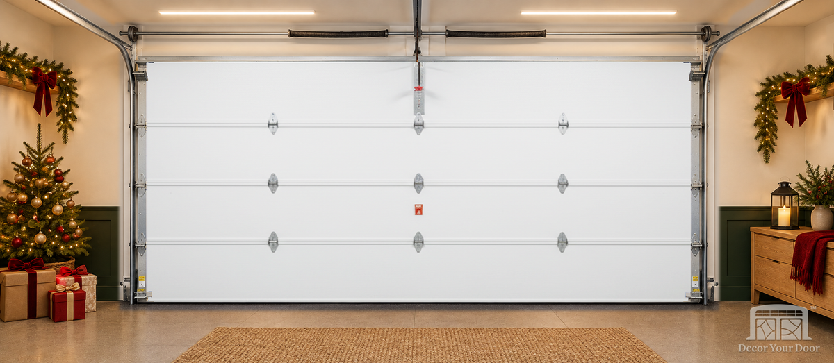 Before — actual residential two-car garage door in the Christmas room, Decor Your Door