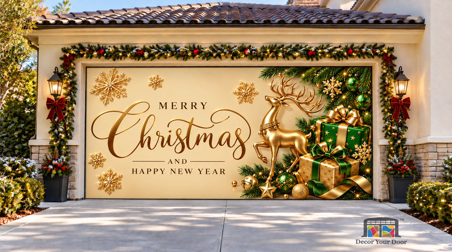 Gold Christmas & New Year Garage Door Cover — Two Car Front
