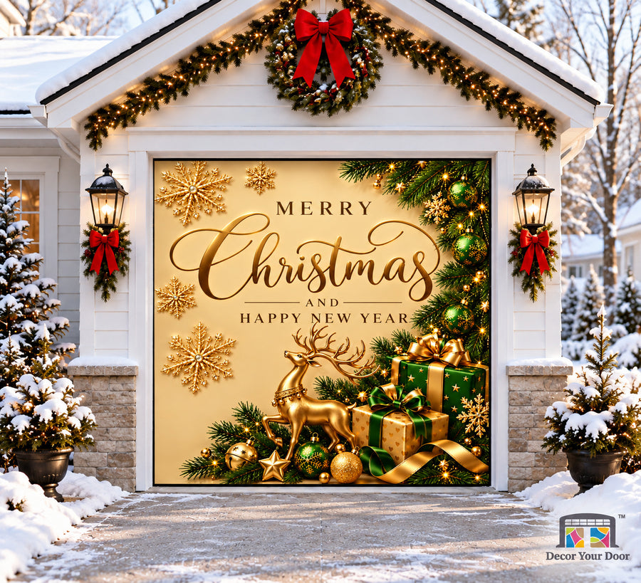 Gold Christmas & New Year Garage Door Cover — One Car Front