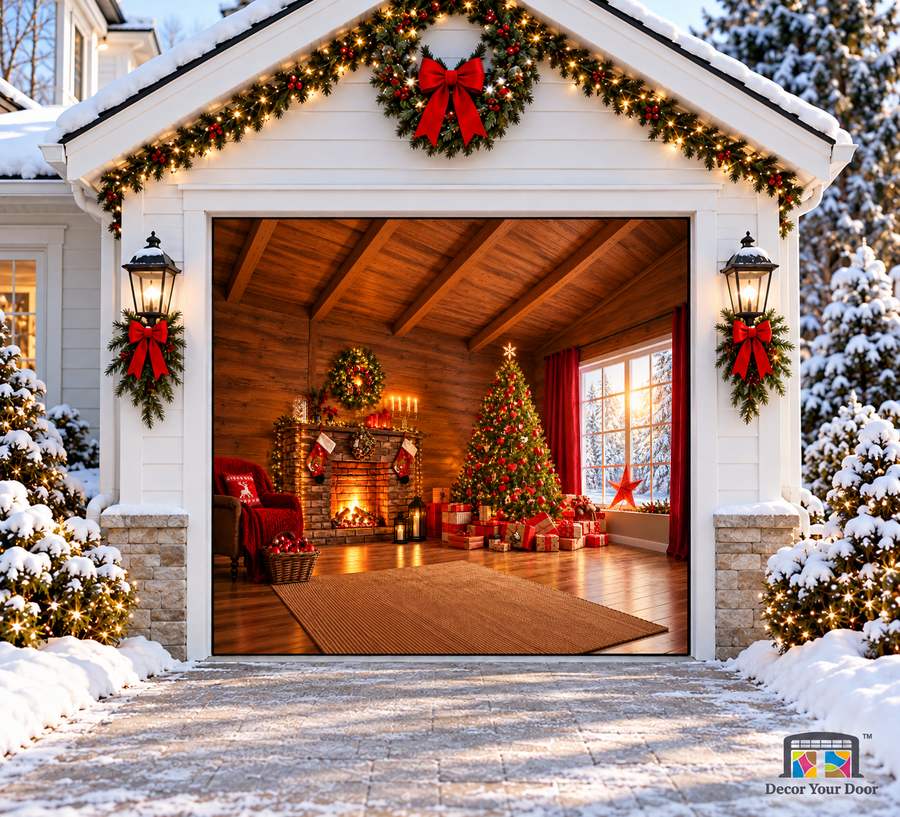 Christmas Magic Fireplace & Gifts Garage Door Cover — one-car garage front view