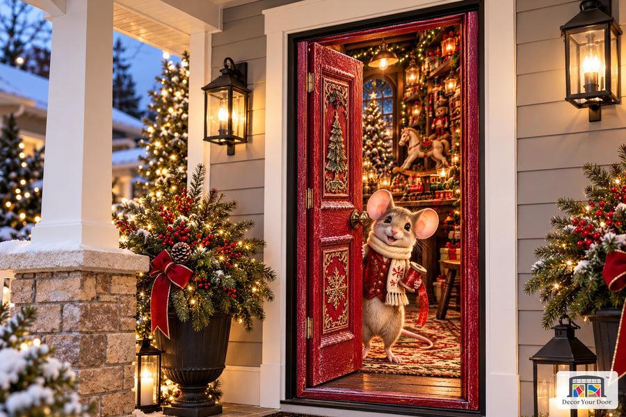 Christmas Mouse Toy Workshop Front Door Cover on the approved Christmas porch, angled view with complete illustrated door.