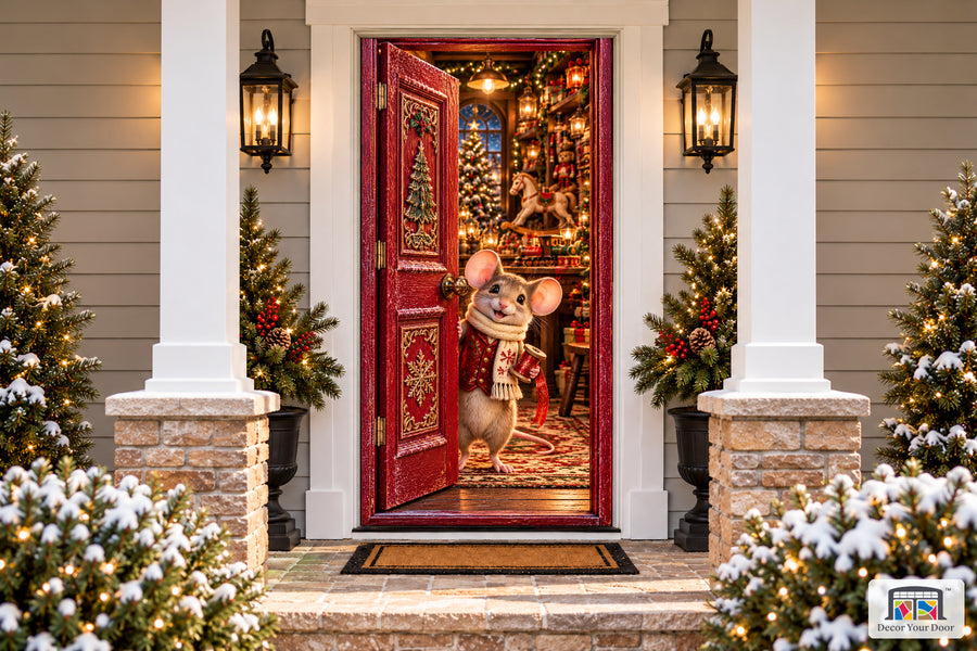 Christmas Mouse Toy Workshop Front Door Cover printed 3D door illusion on a snowy Christmas porch, front view.