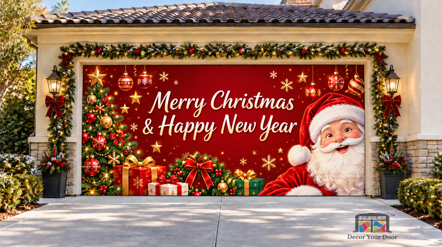 Merry Christmas & Happy New Year Santa Garage Door Cover — Two Car Front