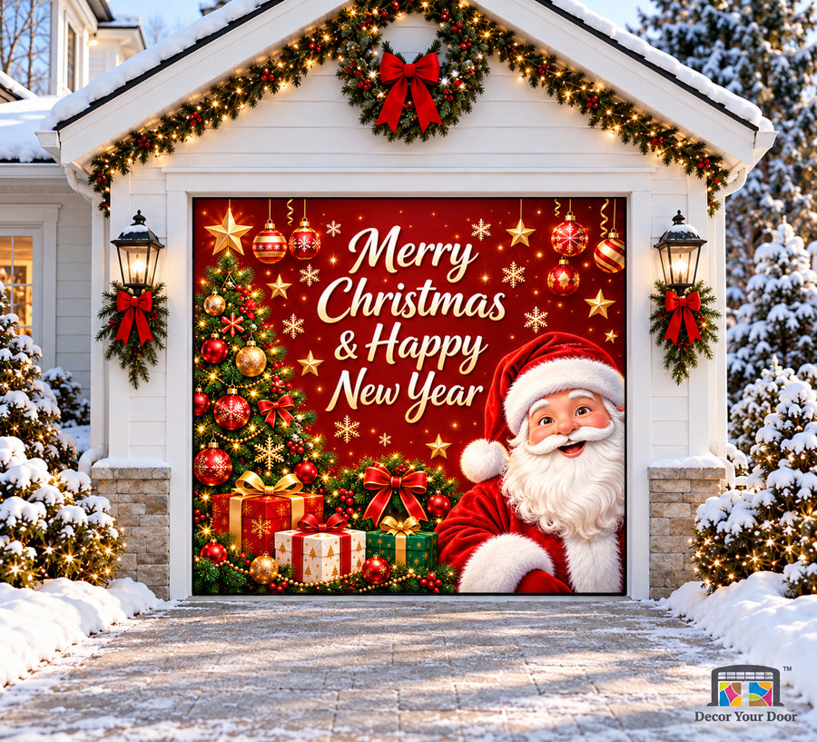 Merry Christmas & Happy New Year Santa Garage Door Cover — One Car Front
