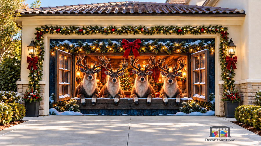 Deer Family in the Window Christmas Garage Door Cover — Two Car Front